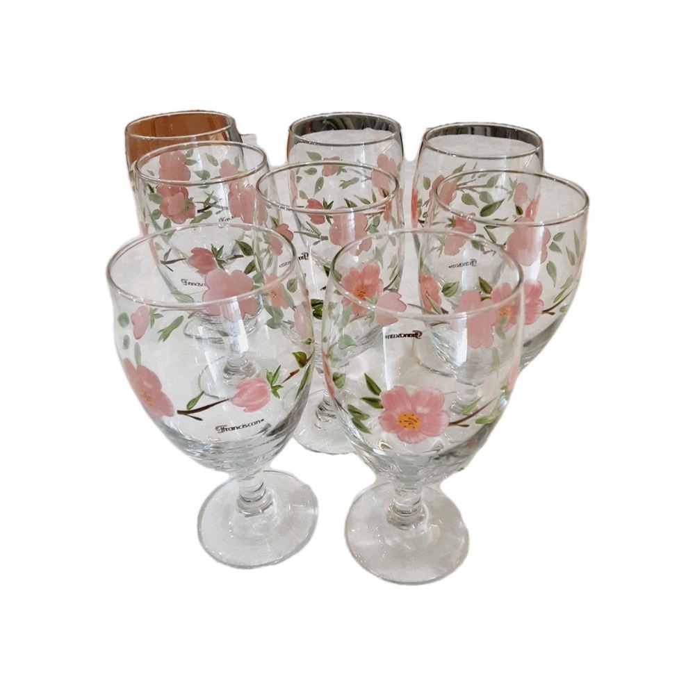 Franciscan Desert Rose Wine Water Goblets Hand Painted Set 4 Floral 7" Glasses